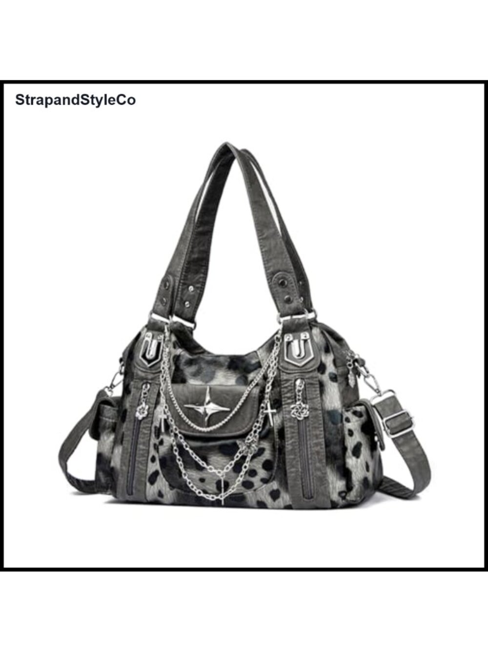 Y2K Gothic Distressed Vegan Leather Hobo Tote Bag with Chains 11 Pockets
